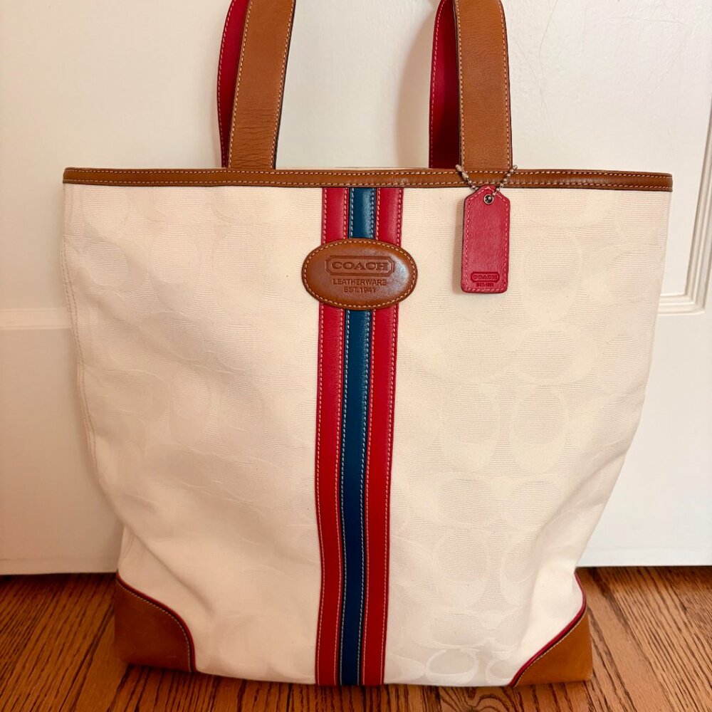 Vintage Coach Varsity Signature Stripe Canvas Tote Bag - #6644